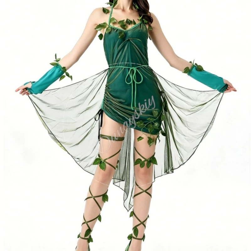 Damen Grünblättriges Waldelfen-Cosplay-Kleid mit Efeu-Accessoires, Efeubäume-Feen-Halloween-Kostüm für Themenpartys und Aufführungen