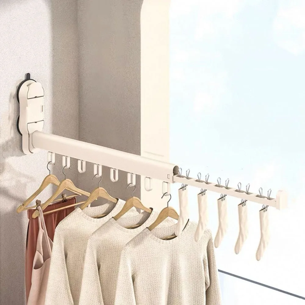 

Aluminum Alloy Folding Clothes Rack Wall Mounted Windproof Telescopic Clothes Drying Rod Space Saving Large Capacity
