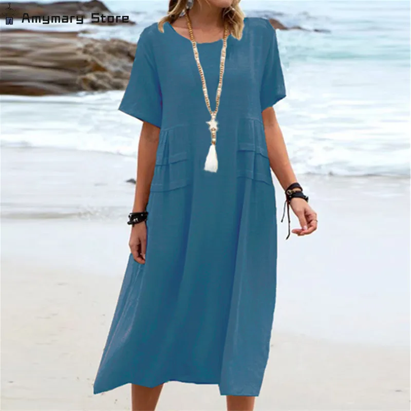 

Women's Summer Cotton and Linen Dress Solid Color Short Sleeve Round Neck Pocket Casual Loose Dress Seaside Holiday Beach Skirt