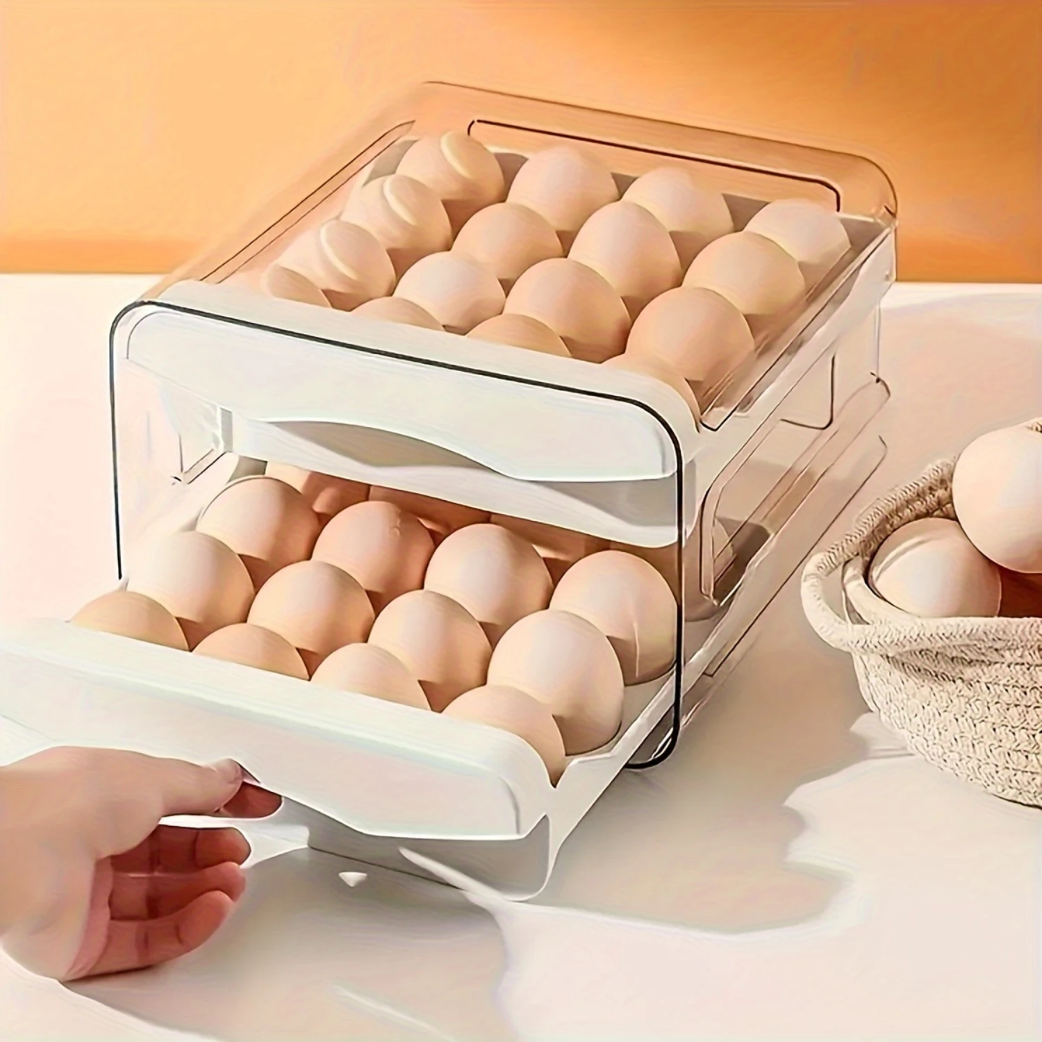 1pc 2-Layer Egg  Box - Drawer-Type Crisper for  Refrigerator, Cabinet, Shelf and Drawer - Stackable Egg Tray with 16 Capacity pe