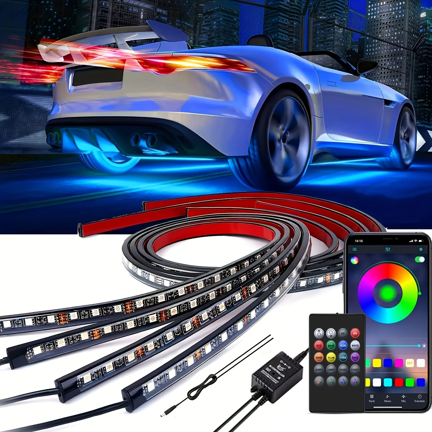 

120x150cm Neon LED Car Bottom Underglow Strip Lights Bar with Remote APP 16 Million Color Music DIY RGB Exterior Underbody Light