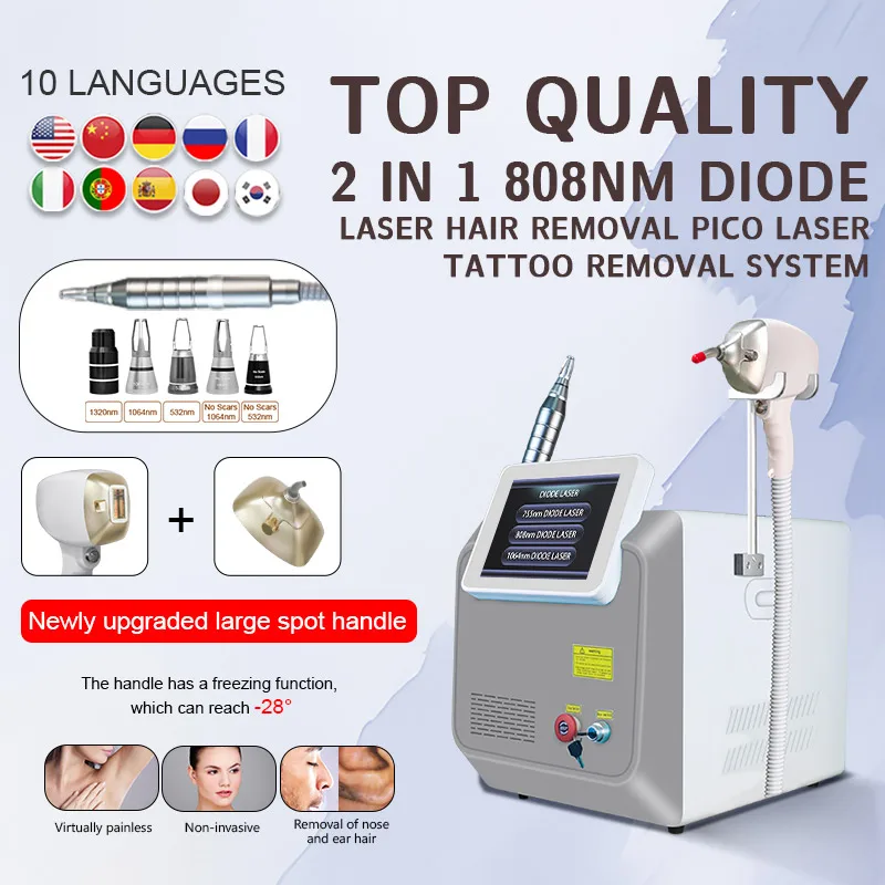 2 in 1 High Power Portable 808nm Diode Laser Hair Removal Q Switched Nd Yag Pico Laser Tattoo Removal Carbon Peeling Machine