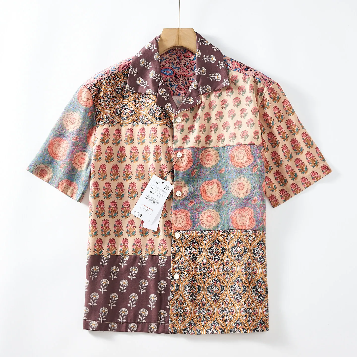 Summer New American Retro Short Sleeve Cuban Collar Personalized Patchwork Floral Print Shirt Men's Fashion Loose Casual Blouses