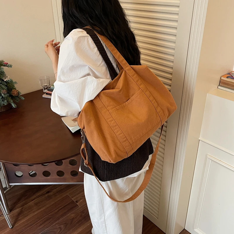 

New Women's Canvas Tote Bag Large Capacity Solid Color Casual Handbag Minimalist Commuter Crossbody Bag