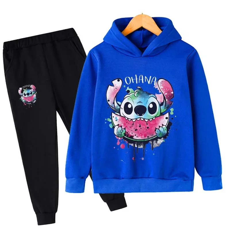 Dziecięca bluza z kapturem Disney Cartoon Print Stitch chłopięca koszulka sportowa wysokiej jakości miękkie topy zestawy z dziewczęcymi spodniami na