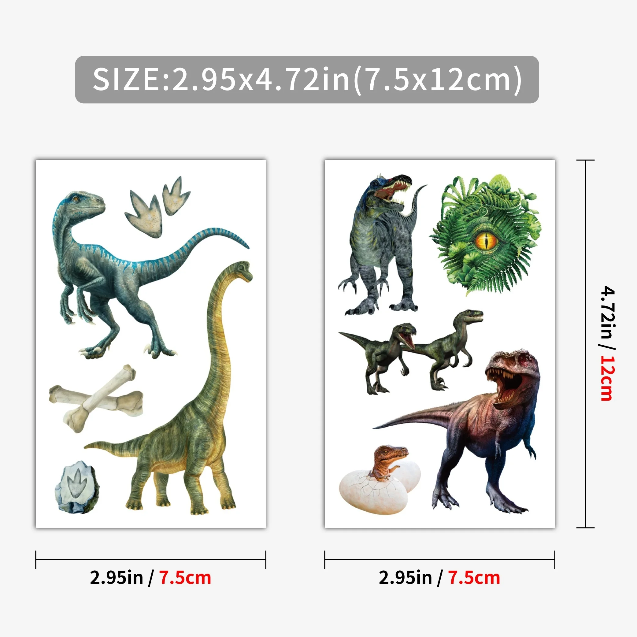 12  Sheets 3D Dinosaur Temporary Tattoos Dino Waterproof Realistic T-Rex Tattoo Stickers For Boys Girls Birthday Party Favors