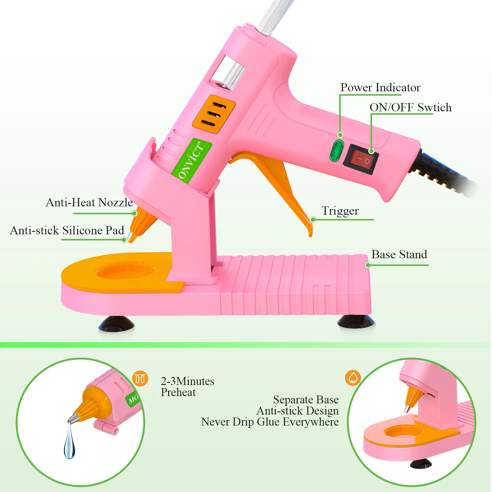 40W Mini Glue Gun with Base Holder 30 Glue Sticks Suction Cups Stand Anti Stick Silicone Mat On/Off Design for Crafts (US Plug)