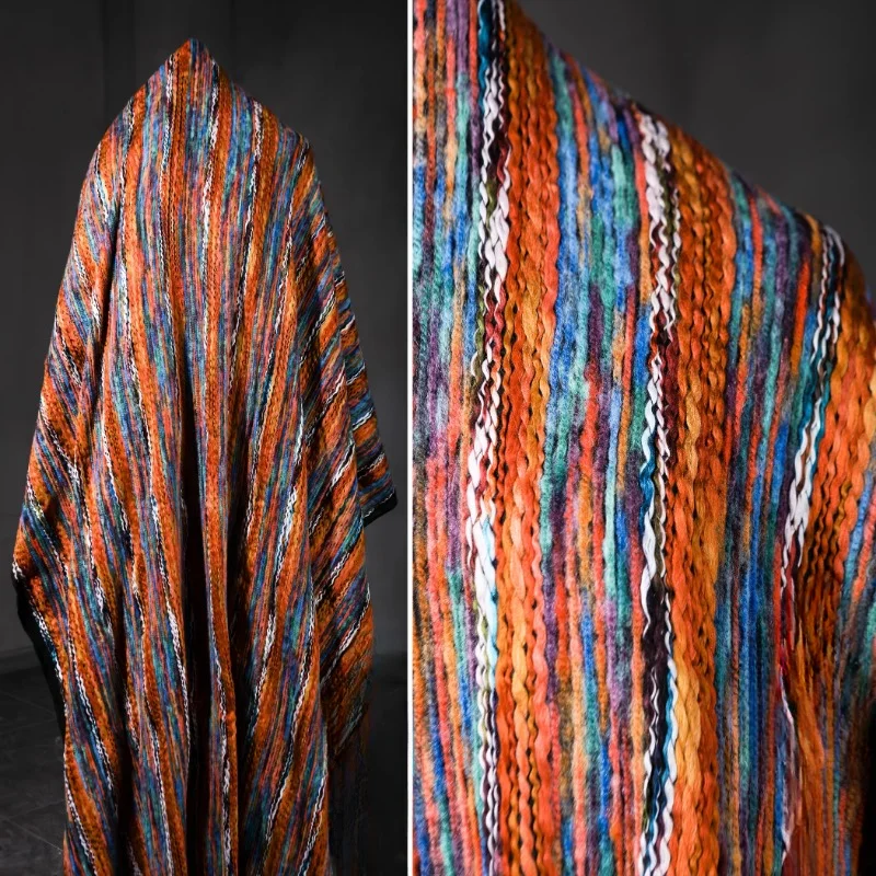 Orange Blue Jacquard Contrast Small Fried Dough Twists Knitted Fabric Color Thick Thick Stripe Knitted Fabric