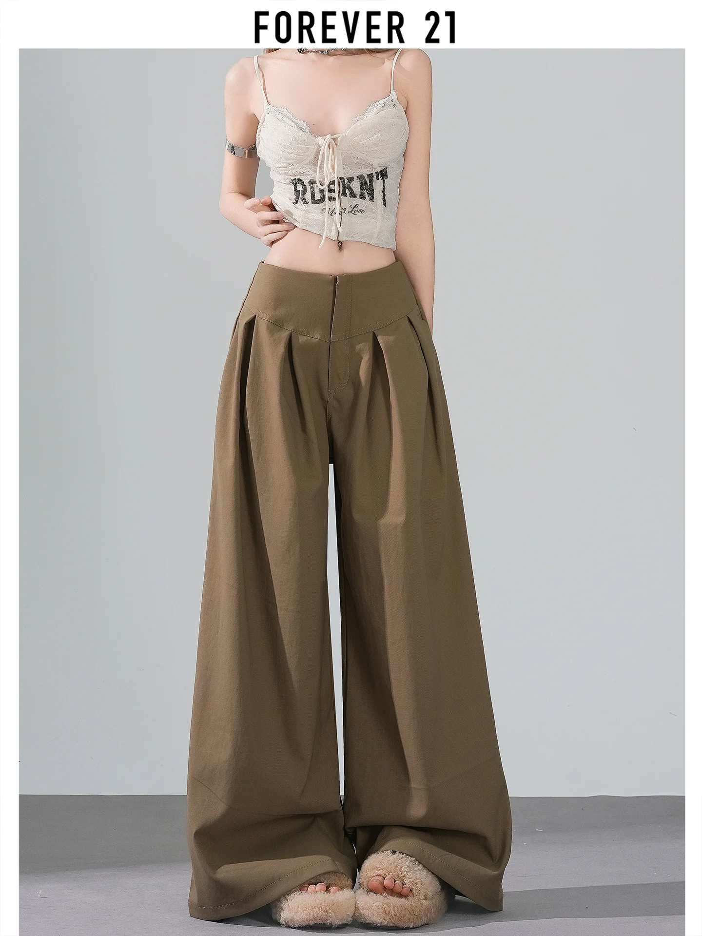 Calças Casuais Femininas de Cintura Alta e Perna Larga Estilo Americano, Modelo Reto, Forever 21, Novo 2026, Modelo Popular, Calças Casuais
