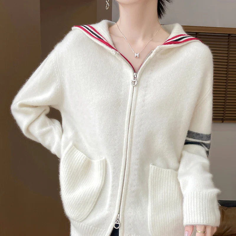 Autunno e inverno nuove donne abbigliamento 100% lana merino con cappuccio lavorato a maglia cardigan con cerniera top casual alla moda versione