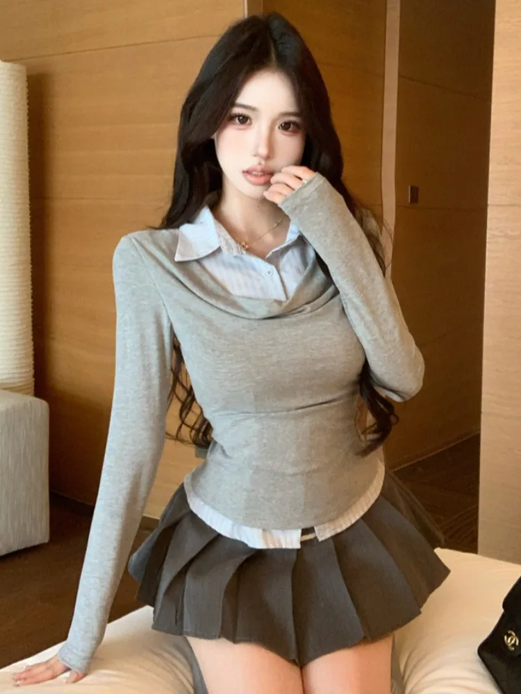 

Korean Style Slim Fit Stripe Shirt Short Fake Two-Piece Long Sleeve Fashion Top Women Autumn New Arrival City Walk Skin Frien...