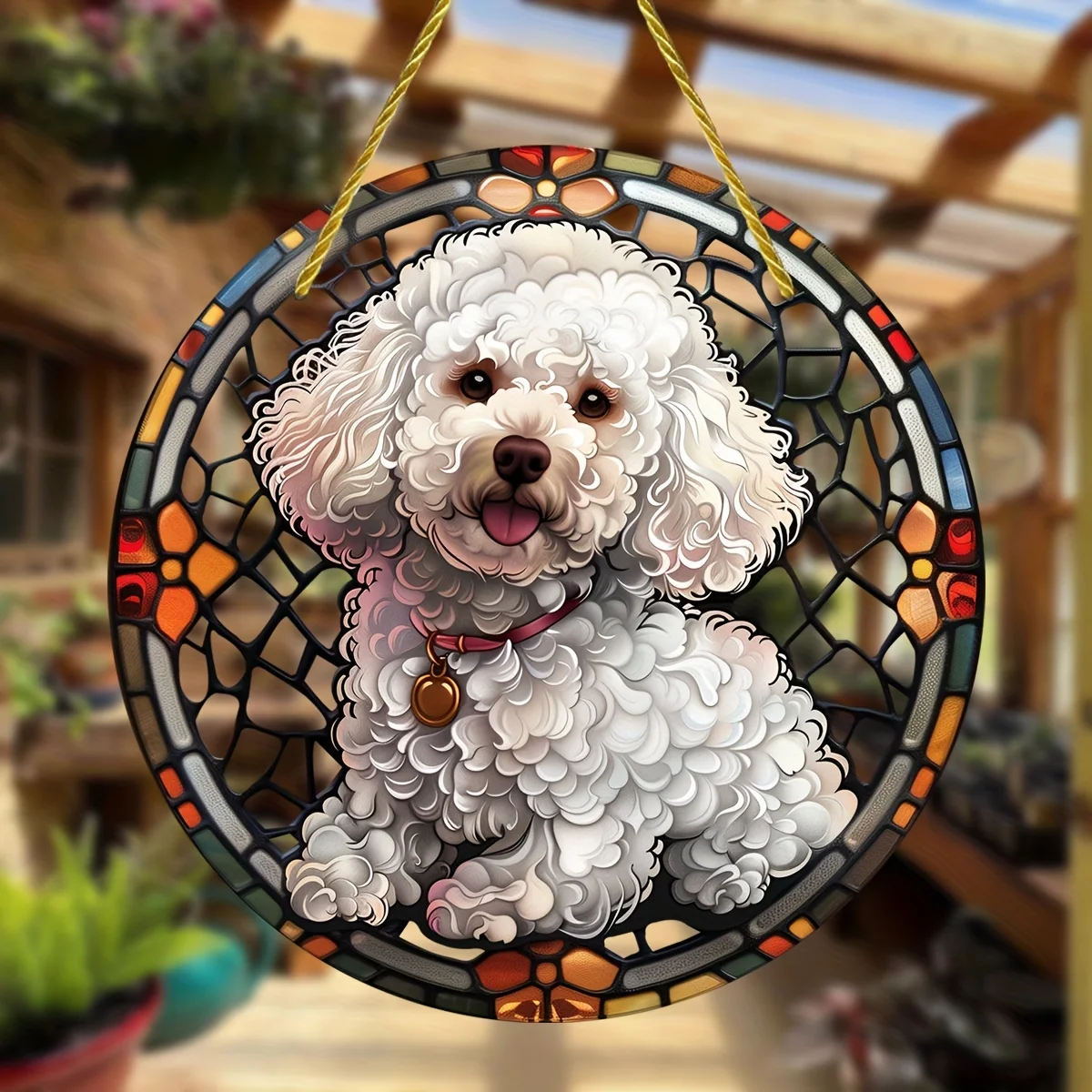 White Poodle Stained Glass Style Suncatcher,Round Acrylic Sign,All-Season,Home Decor,Garden&Bedroom Ornament,Christmas Gift