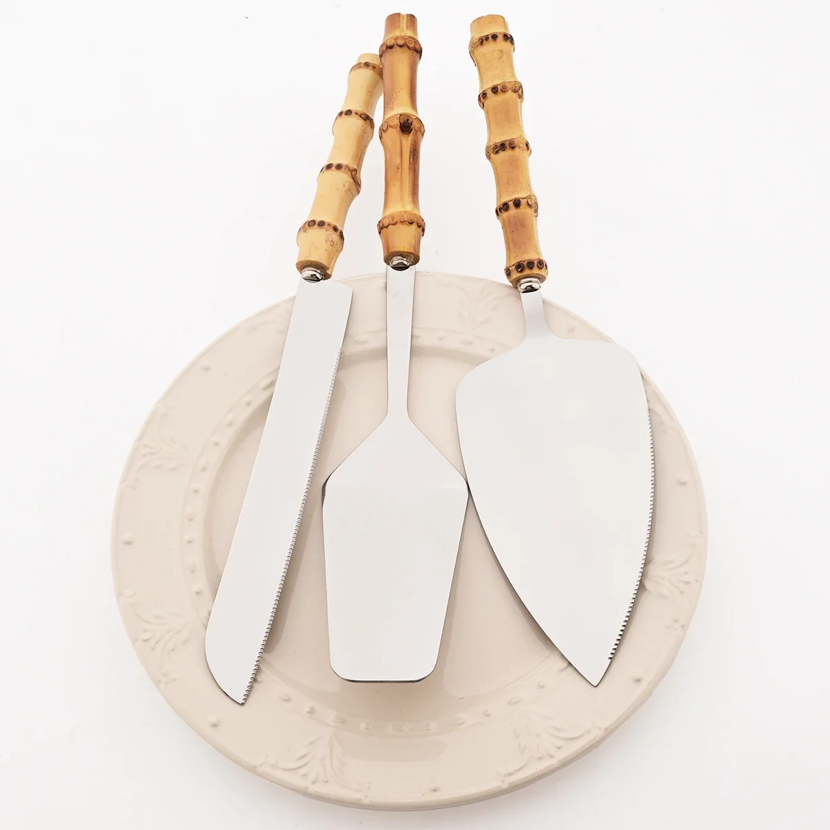 1/2 قطعة كعكة سكين مجرفة خدمة مجموعة أدوات المائدة مقبض الخيزران أواني الطعام مجموعة مرآة أدوات مائدة من الفولاذ المقاوم للصدأ أدوات المائدة المطبخ