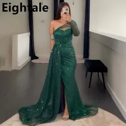 Customized Green Mermaid Sequin Evening Dress For Wedding Party Formal One Sleeve Sexy Slit Prom Dress Dubai Party Gown