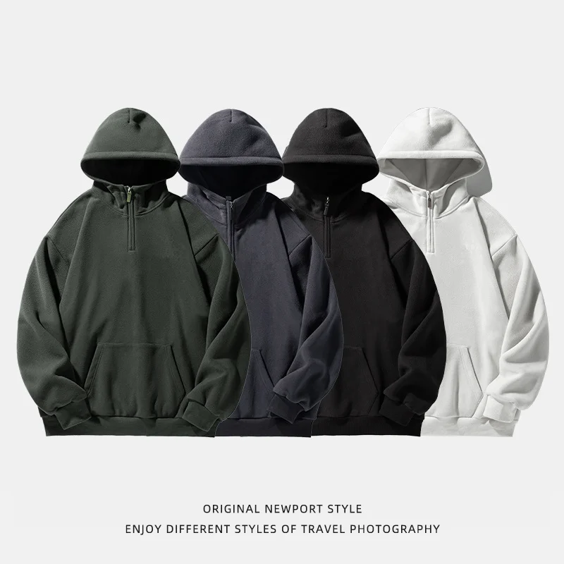 

【Mirrordust】Autumn Winter New Half Zipper American Vintage Sweatshirt Men and Women Thickened Heavyweight Warm Solid Color Hoodi