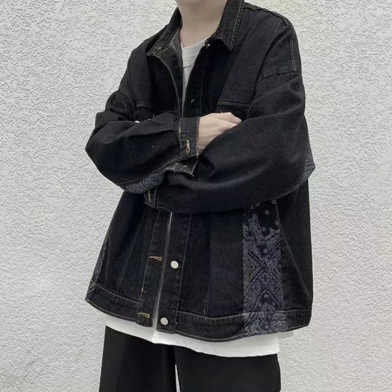 Oversize with Print Cowboy Coat for Men Y2k Original Low Price Outwear High Quality Cowgirl Worn Lxury Casual Denim Jackets Man