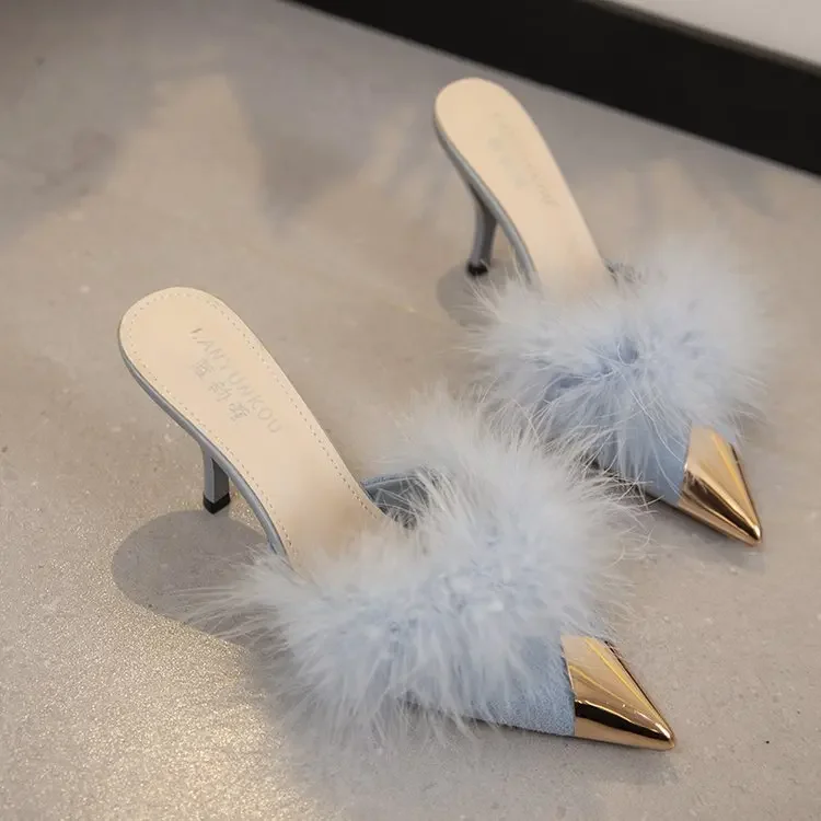 2023 Summer Women Pump Feather Heels Fashion Simple Wind Mule Slippers Women\'s Slide Stiletto Heels Shoes for Women Heels