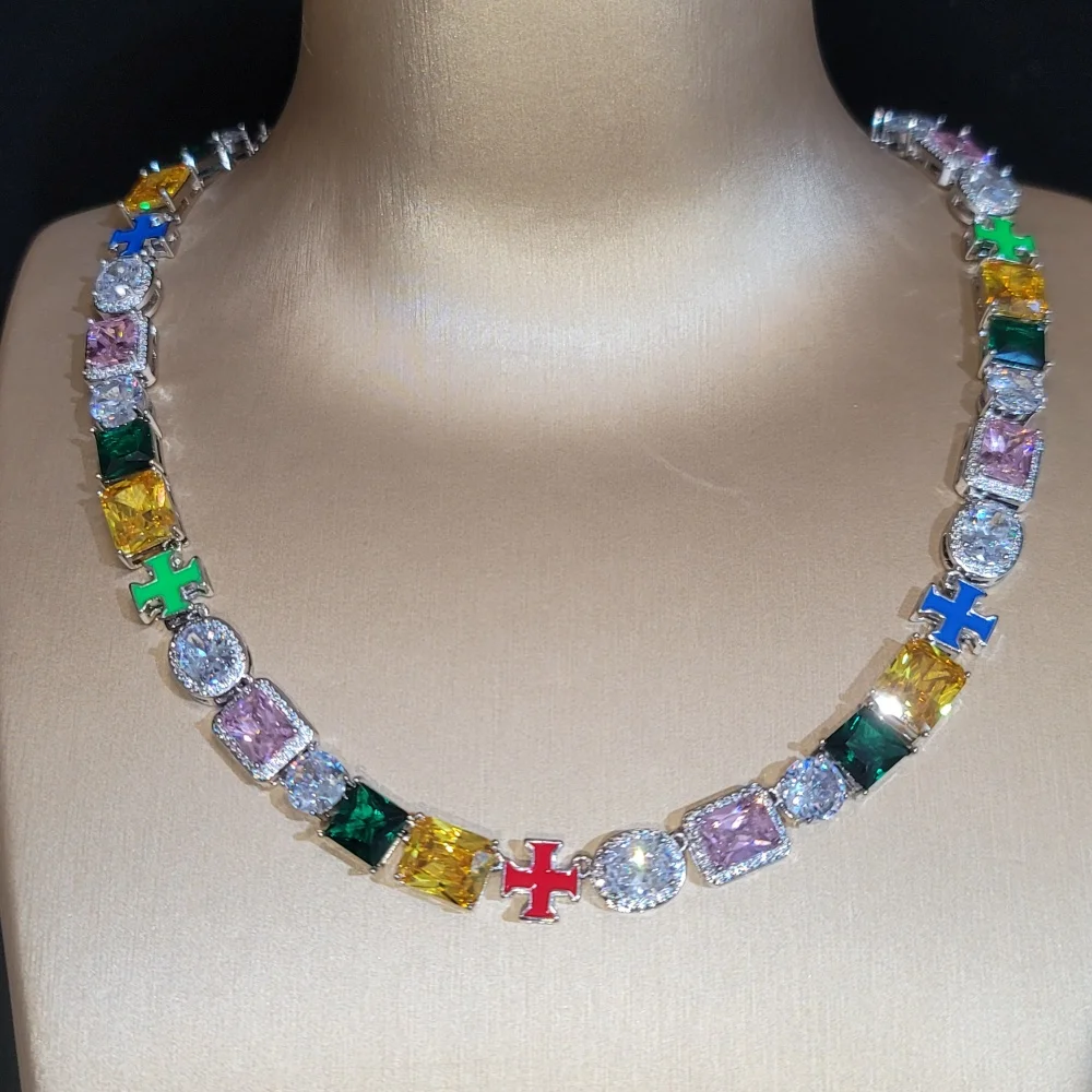 Iced Out Link Chain Colorful Big Cubic Zircon Bracelet Charm Hip Hop Pendant Necklace For Women Luxury Birthday Gift Accessories