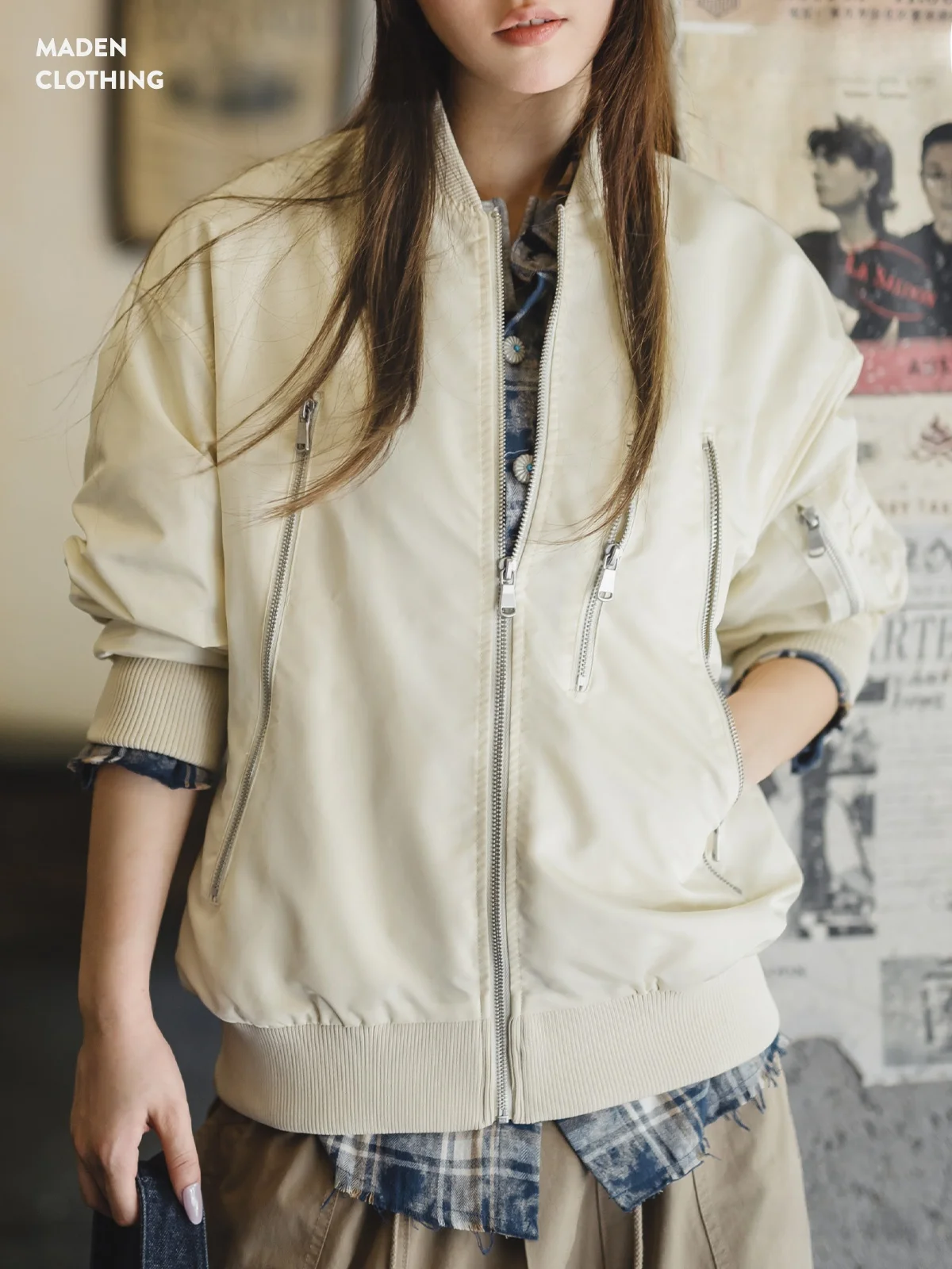 

Maden American Retro Loose Baseball Jaet Flight Suit Casual Outerwear Women's Autumn White Zipper Nylon Long Sve Coat