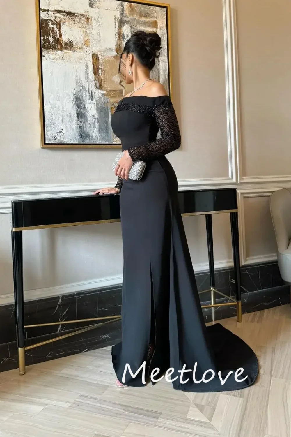 Meetlove 2024 Customized A-Line Off Shoulder Long Sleeves Side Slit Prom Dress Evening Party Dresses Formal Gowns