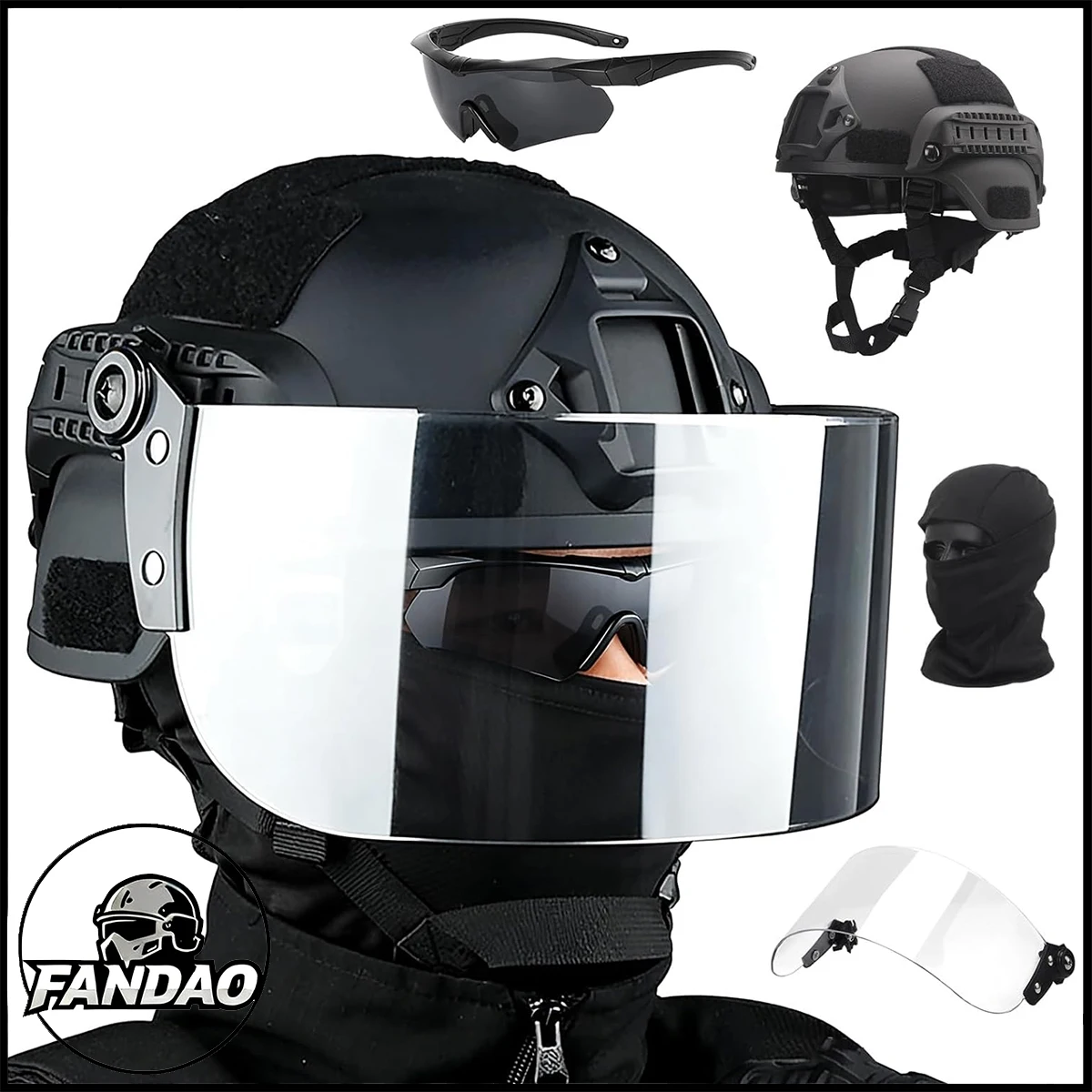 Tactical Helmet Set Adjustable Airsoft Helmet with Transparent Visor Goggles Full Face Mask for Outdoor Sports Hunting Shooting