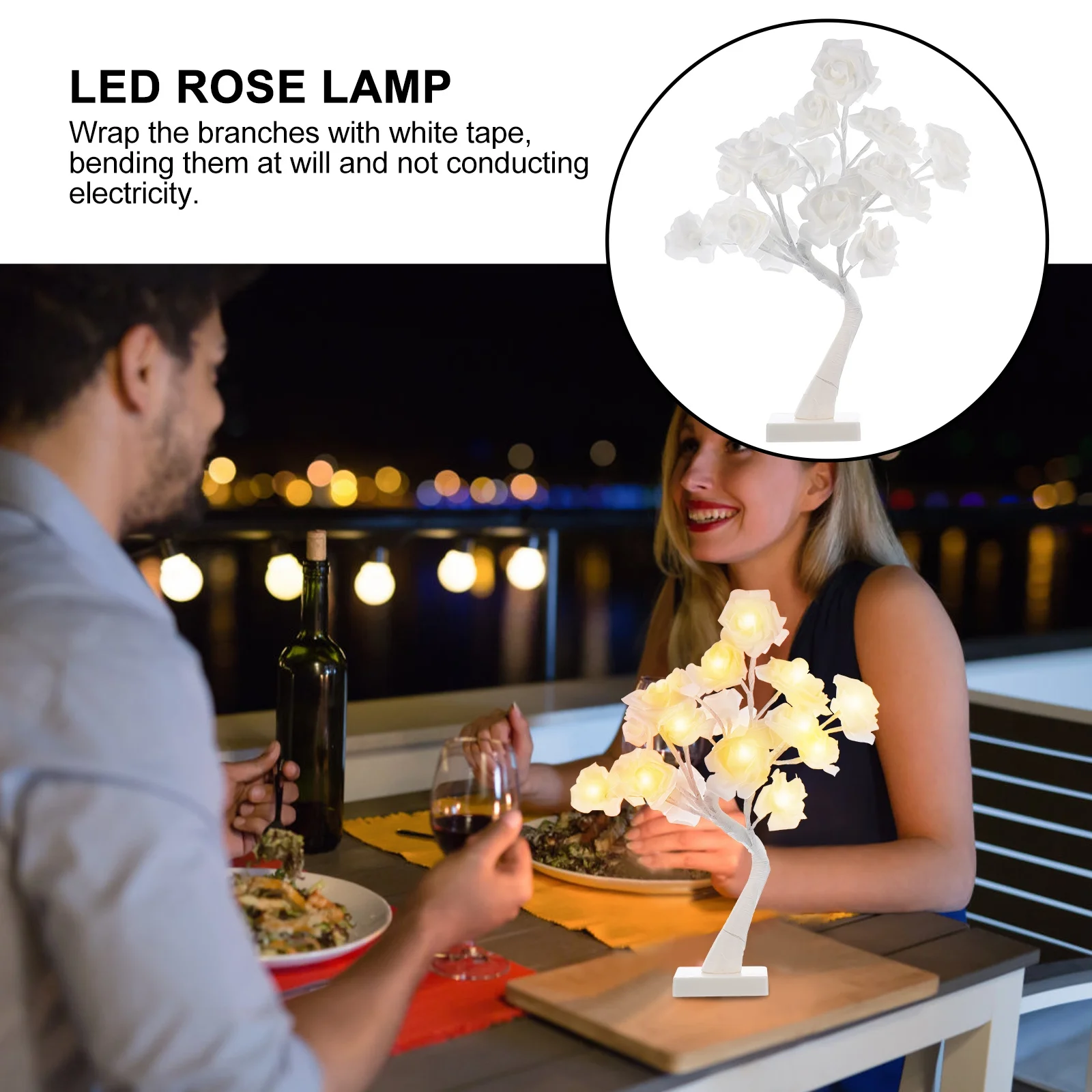 

1Pcs Rose LED Lamp Desktop Table Lamp Bendable White Tape Branches Powered Bedside Night Light Wedding Decorative