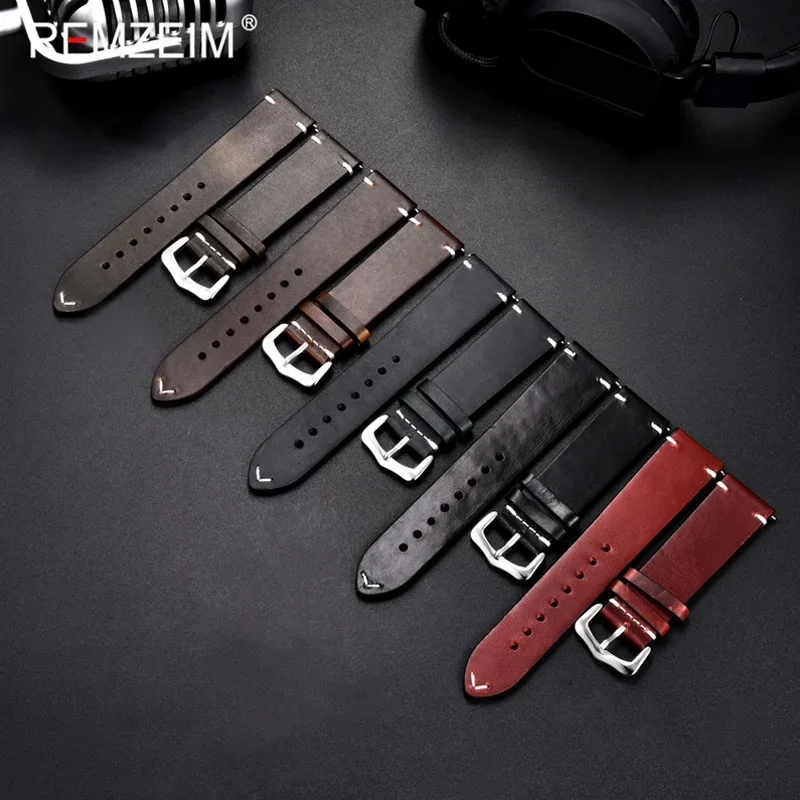 REMZEIM Cow Leather Watchband 18mm 20mm 22mm 24mm Vintage Leather Men Women Replacement Bracelet Strap Band Watch Accessories