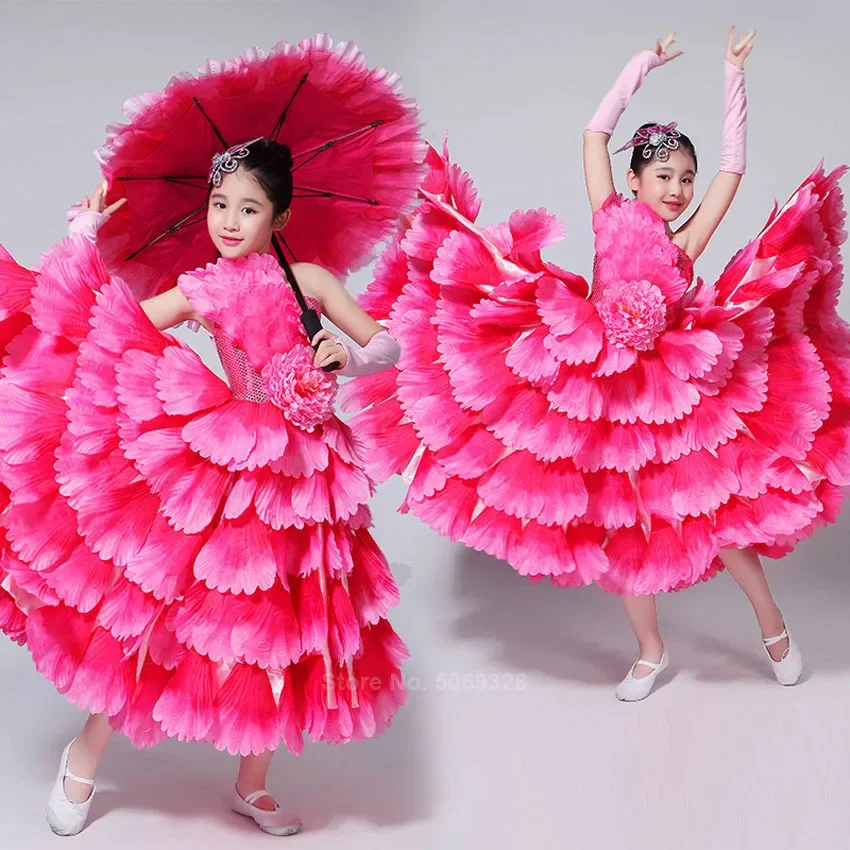 Jupes de flamenco de corrida espagnole pour filles gitanes, robes de danse du ventre pour enfants, robe longue, olympiques de pétale de pivoine de flamenco