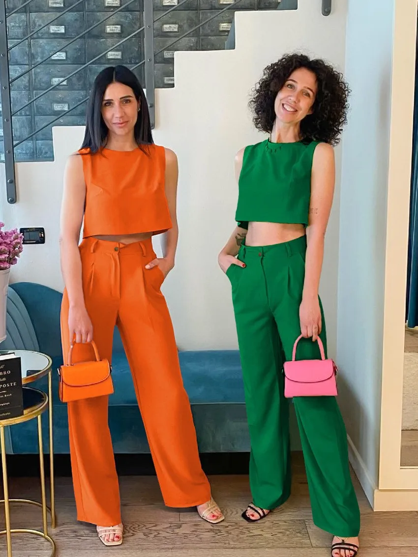 Vrouwen Mouwloze Top En Lange Broek Set Mode Dames Korte Tank Top Dagelijks Casual Dames Lange Wijde Pijpen broek