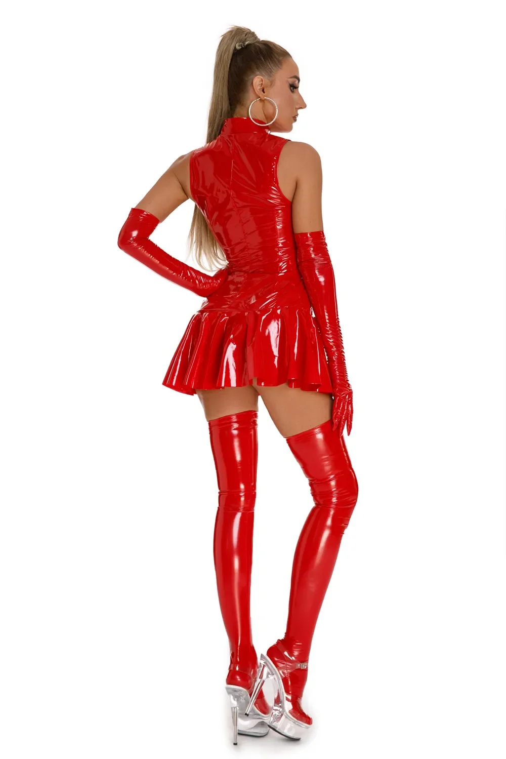 Sexy Womens Wetlook Latex Bodycon Dress With Gloves And Stocking Zipper Sleeveless Glossy Leather Pleated Mini Dresses