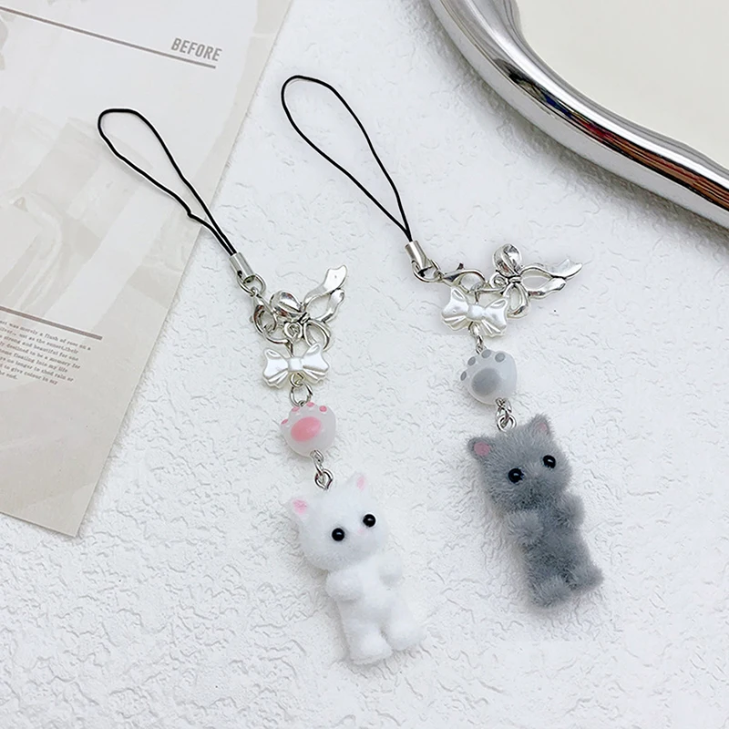 Kawaii Flocking Cat Pendant Phone Lanyard Y2K Cute Bow Kitten Phone Chain Korean Mobile Phone Charm Keycord Girl Gifts Bag Decor