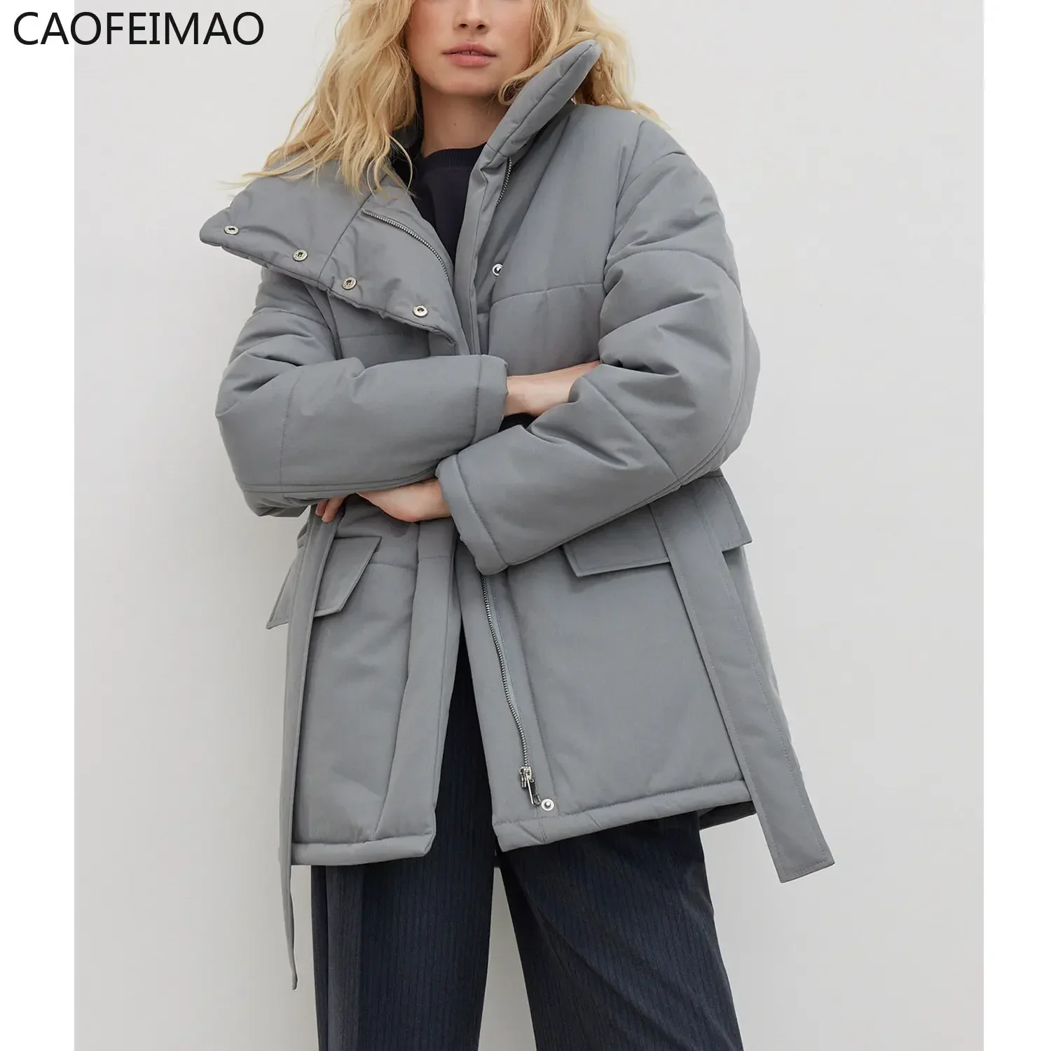 Quilted Jacket Women Winter Loose Parkas Coat Vintage Belted Outwear Office Ladies Warm Cotton Puffer Jackets