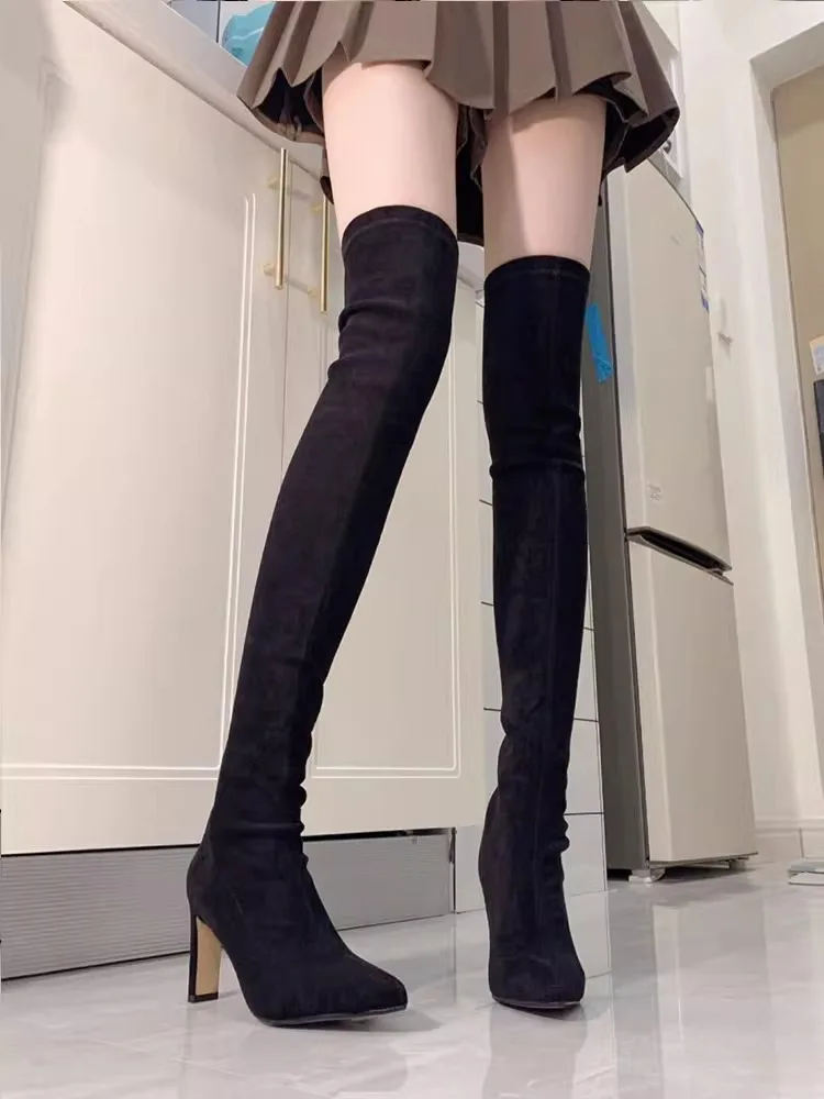 

Spring and autumn of 2025 Chunky high-heeled elastic boots, pointed-toe high-heeled long boots, over-the-knee long boots