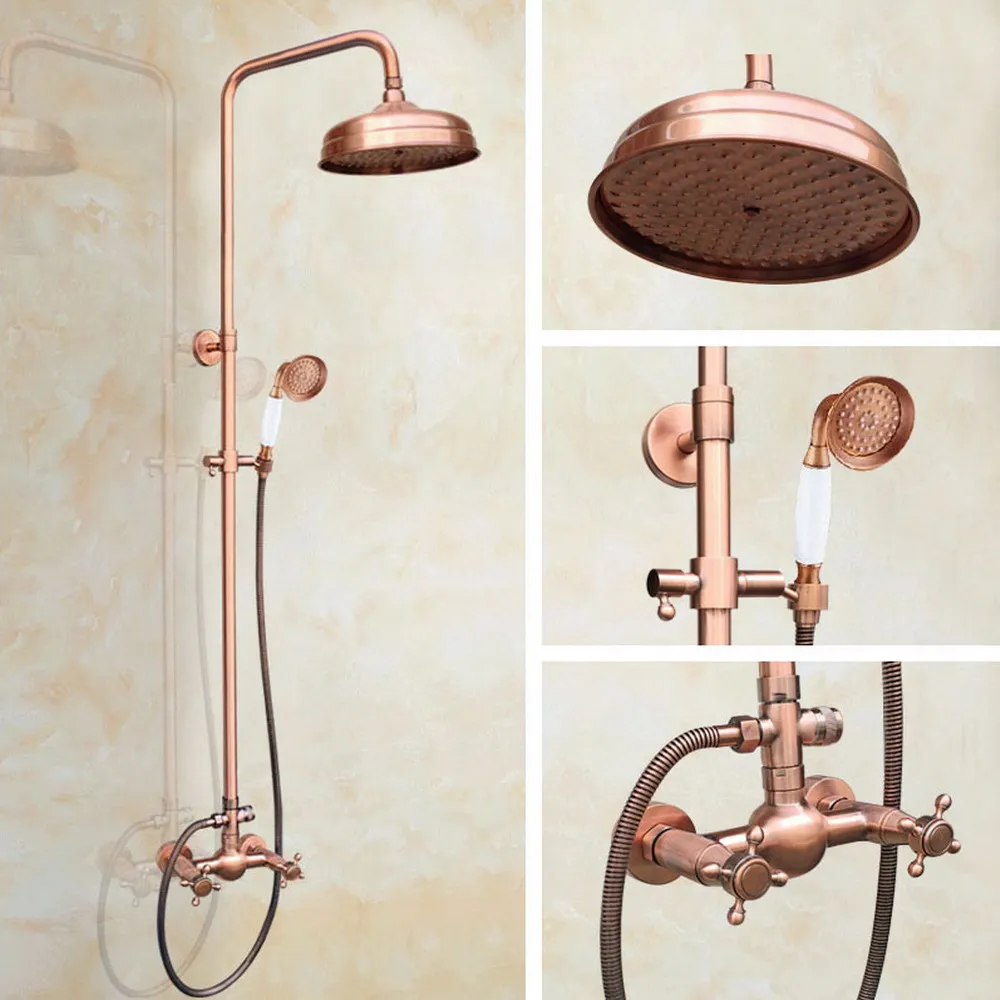 

Antique Red Copper Wall Mount 8 inch Bathroom Shower Faucet Mixer Taps Dual Handle with Hand Held Shower Brg524