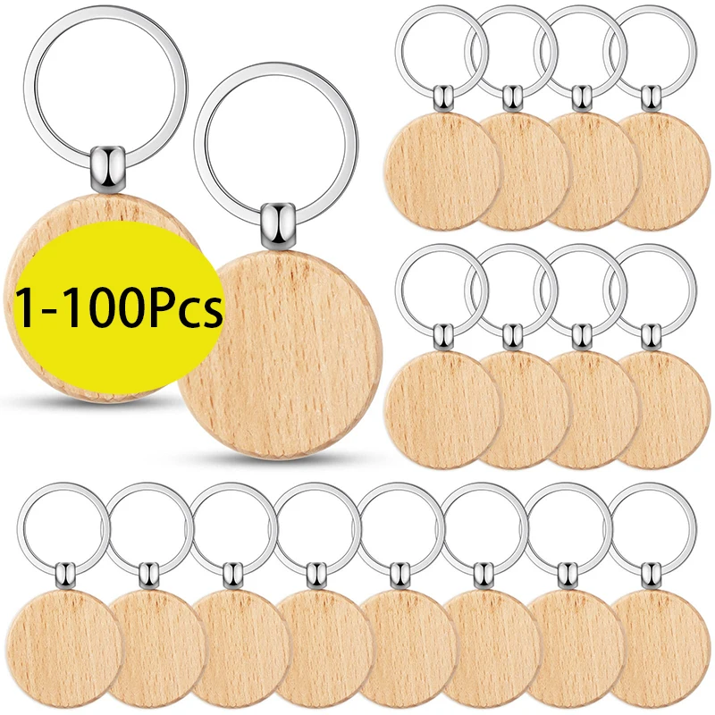 1-100Pcs round Wooden Keychains Blank Wood keyrings Wooden Key Tag for DIY Gift Crafts