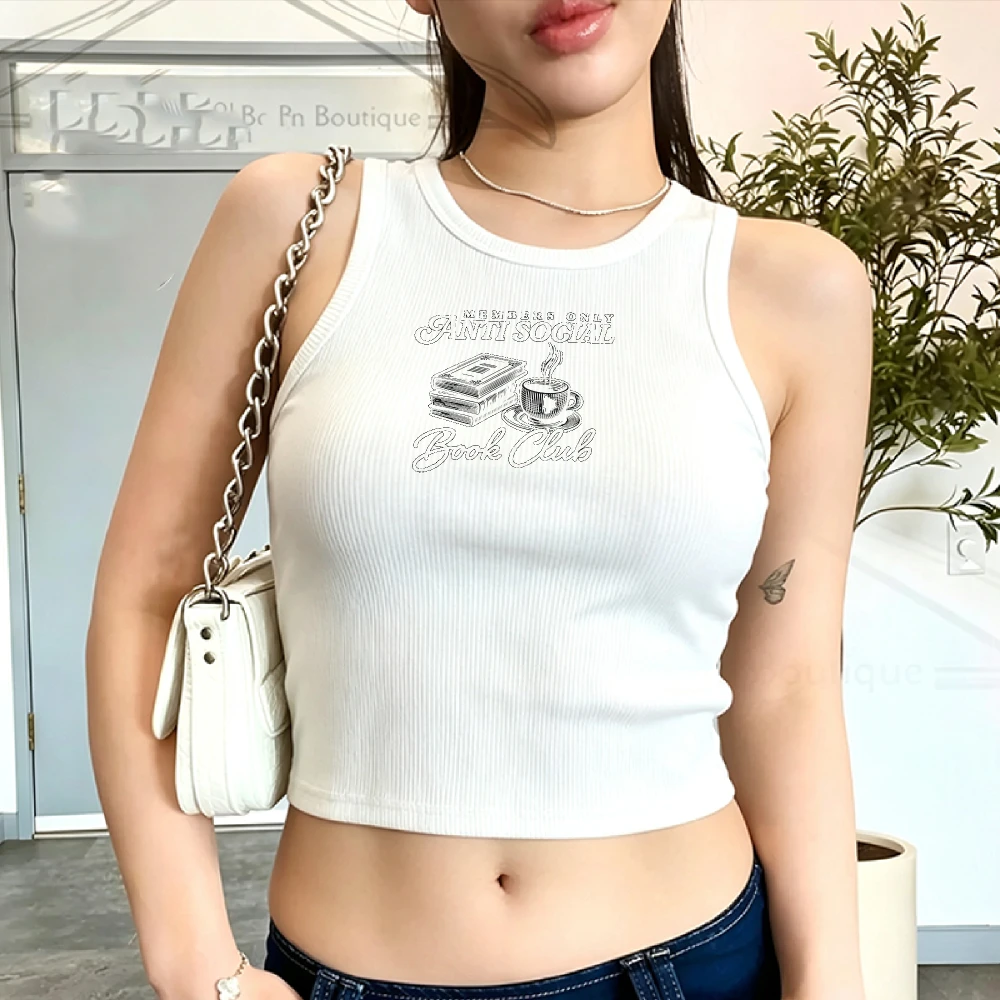 Fitted Ribbed Crop Top Tank T-Shirt Retro Comfort Bookish Gift for Women Men Anti Social Book Club Members Only Funny Outdoors