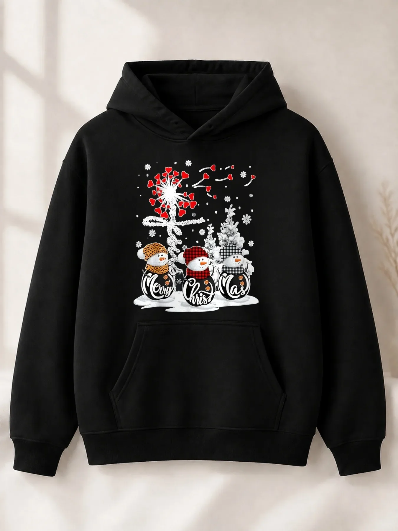 Cute Cartoon Style Ladies' Hoodie Three Snowmen with Merry Christmas and Red Heart Tree Winter Holiday Season Family Friend Gift