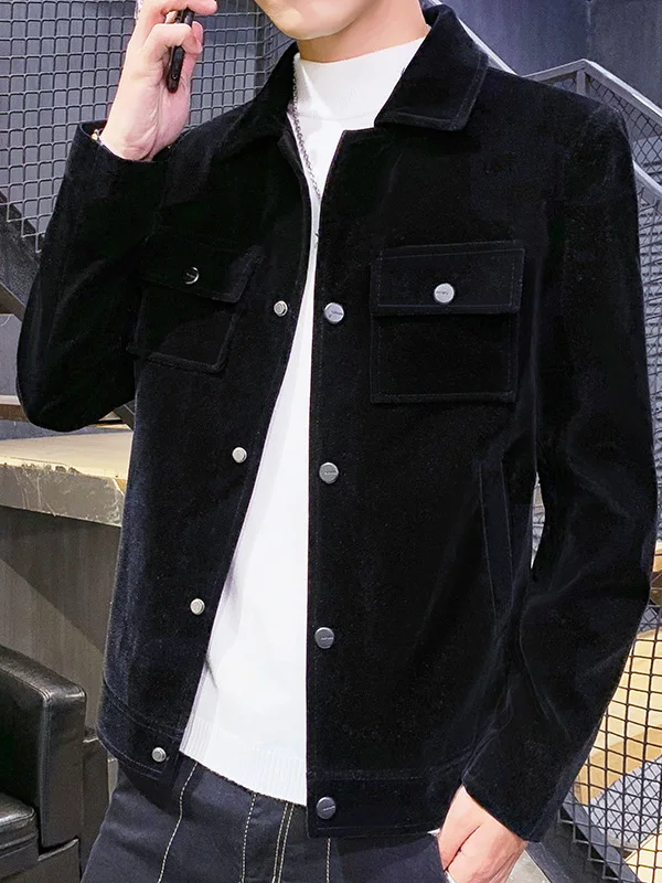 

Autumn New Men's Velvet Jaet Slim Fit Collar Youth Faion Korean Sle Workwear Coat Long Sve Casual Outerwear