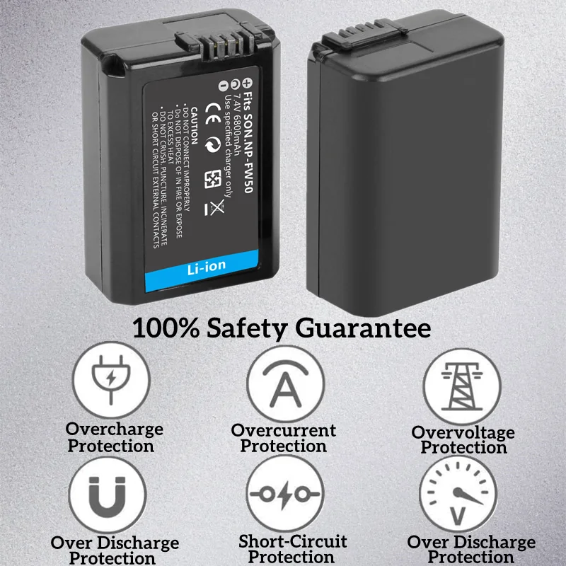 6800mAh NP-FW50 Camera Battery Set Compatible With Sony AlphaA6000,A6500,A6300,A6400,A7,A7II,A7RII,A7SII,A7S,A7S2,A7R