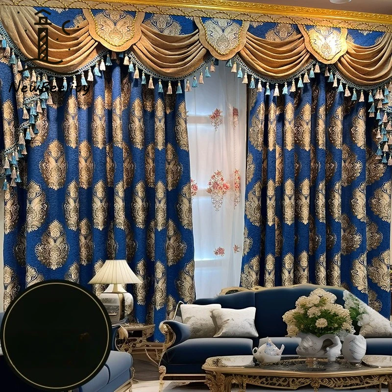 American High-end Retro Blue Chenille Jacquard Thickened Curtains for Living Room Bedroom and Villa Customization Valance