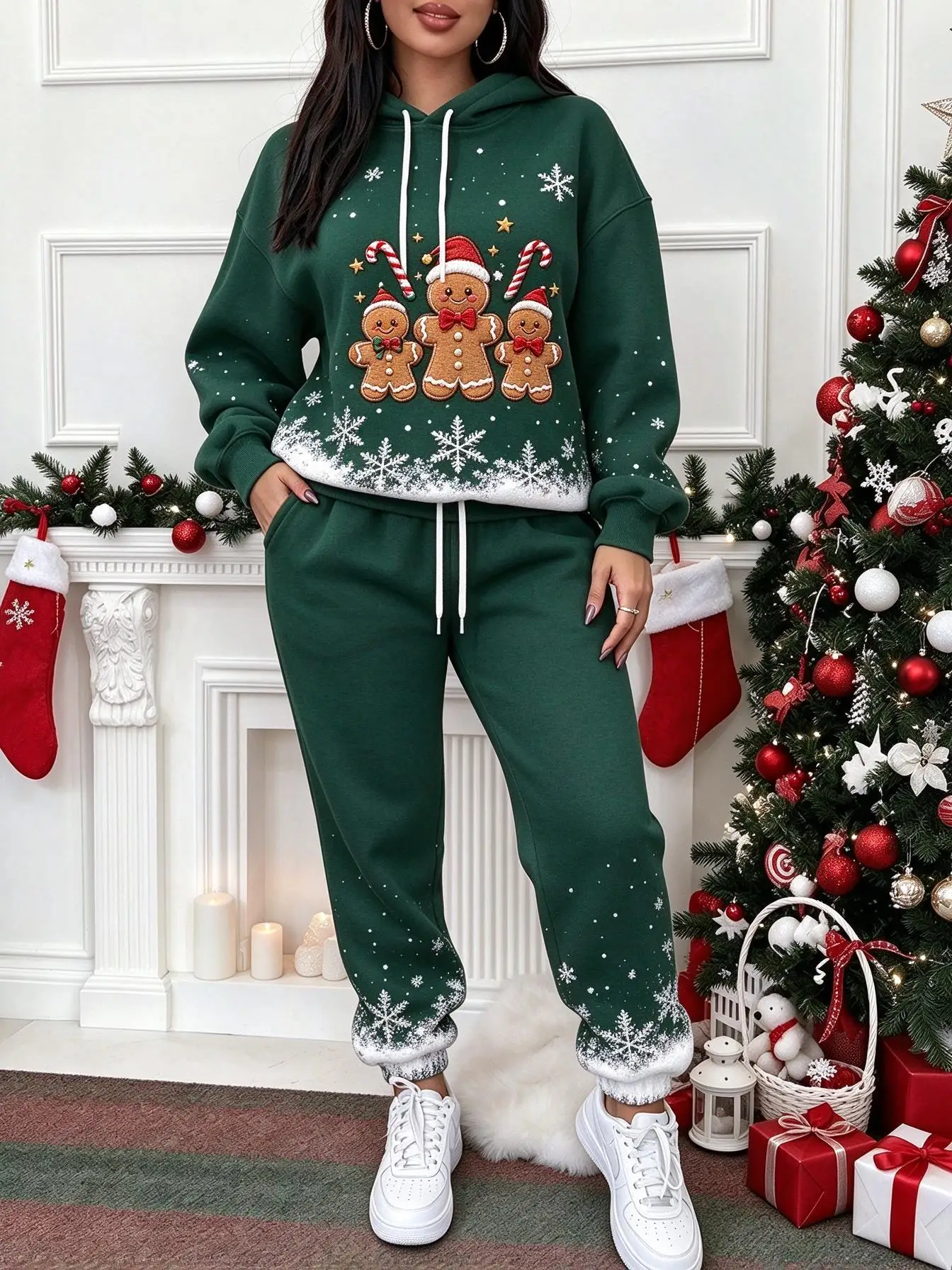 Winter Festive Christmas Embroidery Style Print 2 Piece Outfit, Hoodie and Jogger Matching Set for Women view 3