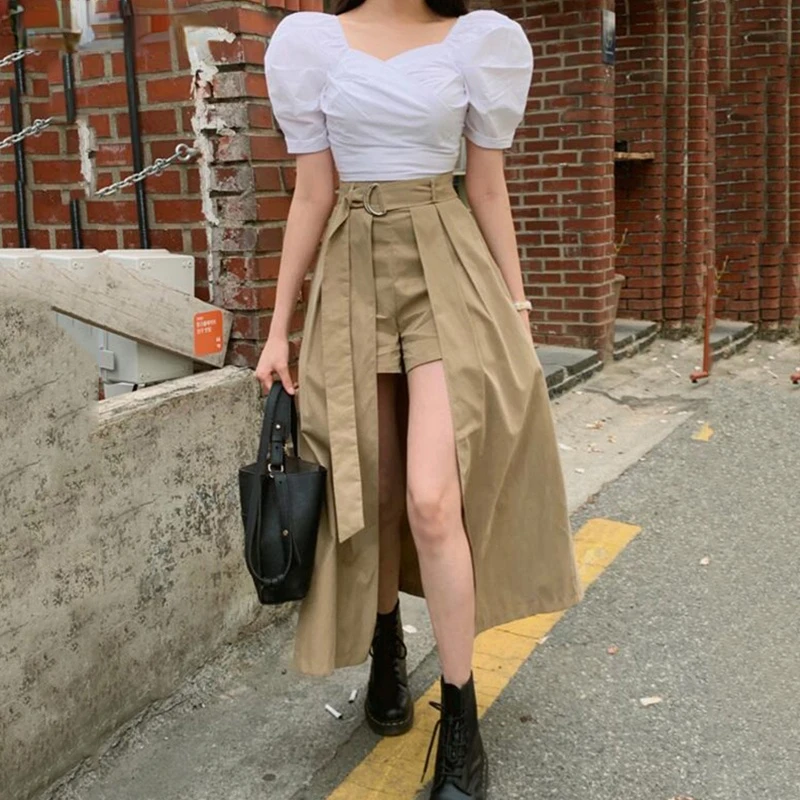 

Sister Fara 2022 Summer Solid Belted Split Hem Skirts Women High Waist Flared Asymmetrical Office Lady A-LINE Ankle-Length Skirt