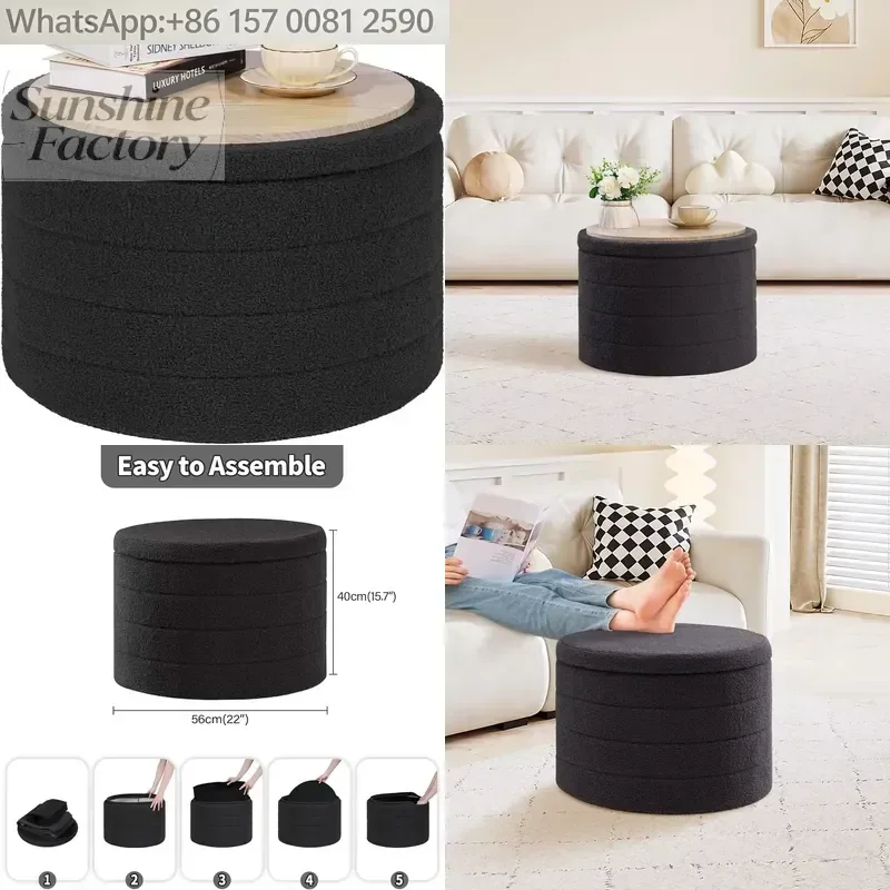 PINPLUS Large Ottoman Storage Boucle Fabric Upholstered Padded Convertible Coffee Table Folding Footstool Home Stool Living