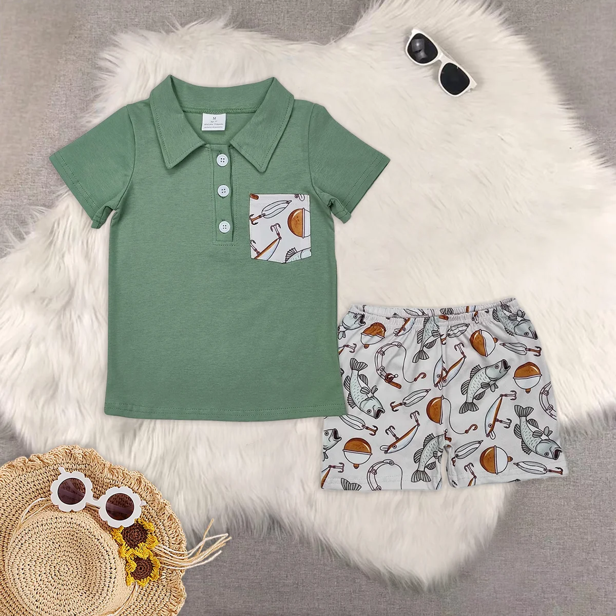 

Baby Boys Green Pocket Shirts Fishing Shorts Clothes Sets