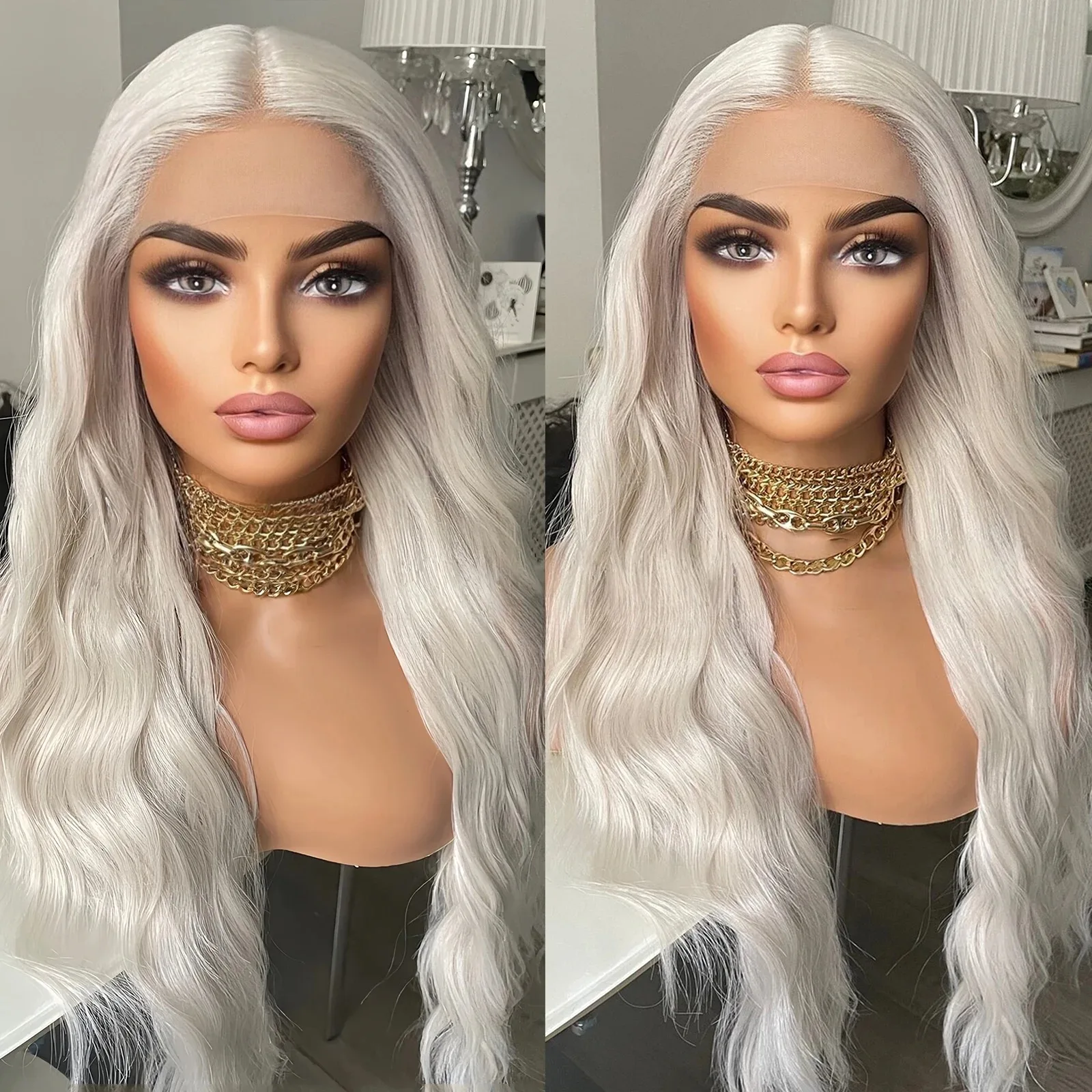 Peruka biała 180% gęstości platynowy blond peruka typu lace front 13x4 peruka typu lace frontal z falą wodną peruka body wave bezklejowa peruka syntetyczna dla kobiet