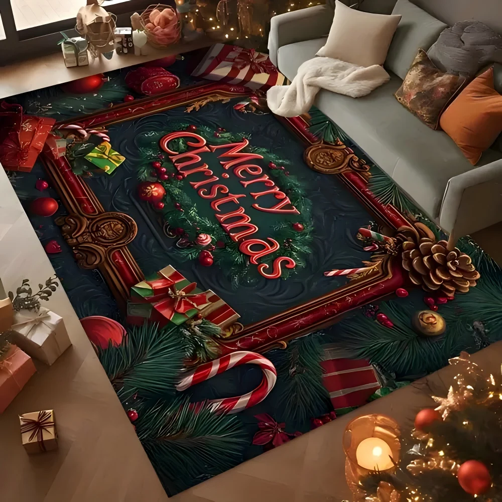 Weihnachtsbaum-Teppich, Matte, Teppich mit Weihnachtsstern, goldene Ornamente, Geschenkbox, Zuckerstange, frohe Weihnachten, Heimdekoration, Schlafzimmer-Dekoration