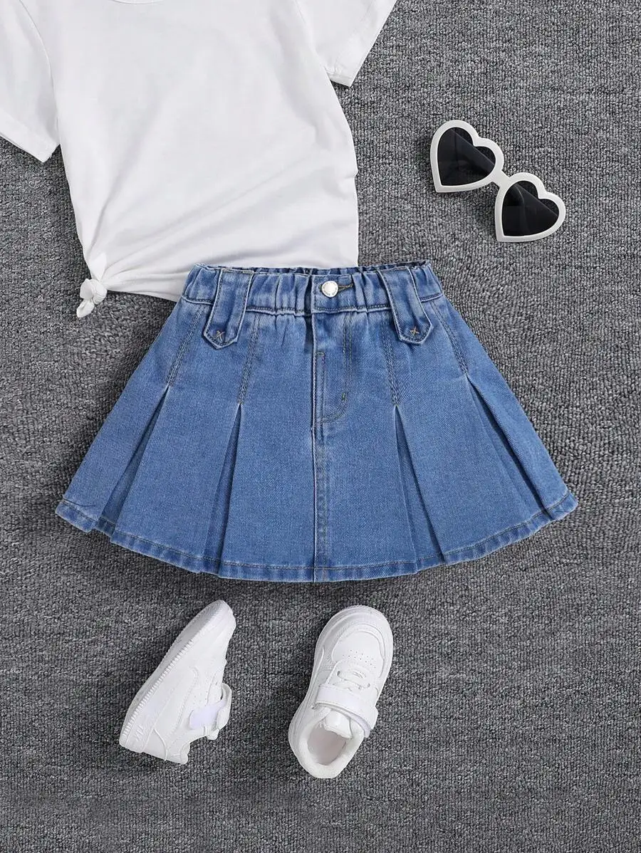 

Girls Pleated Denim Skirt with Elastic Waistband for Spring Summer