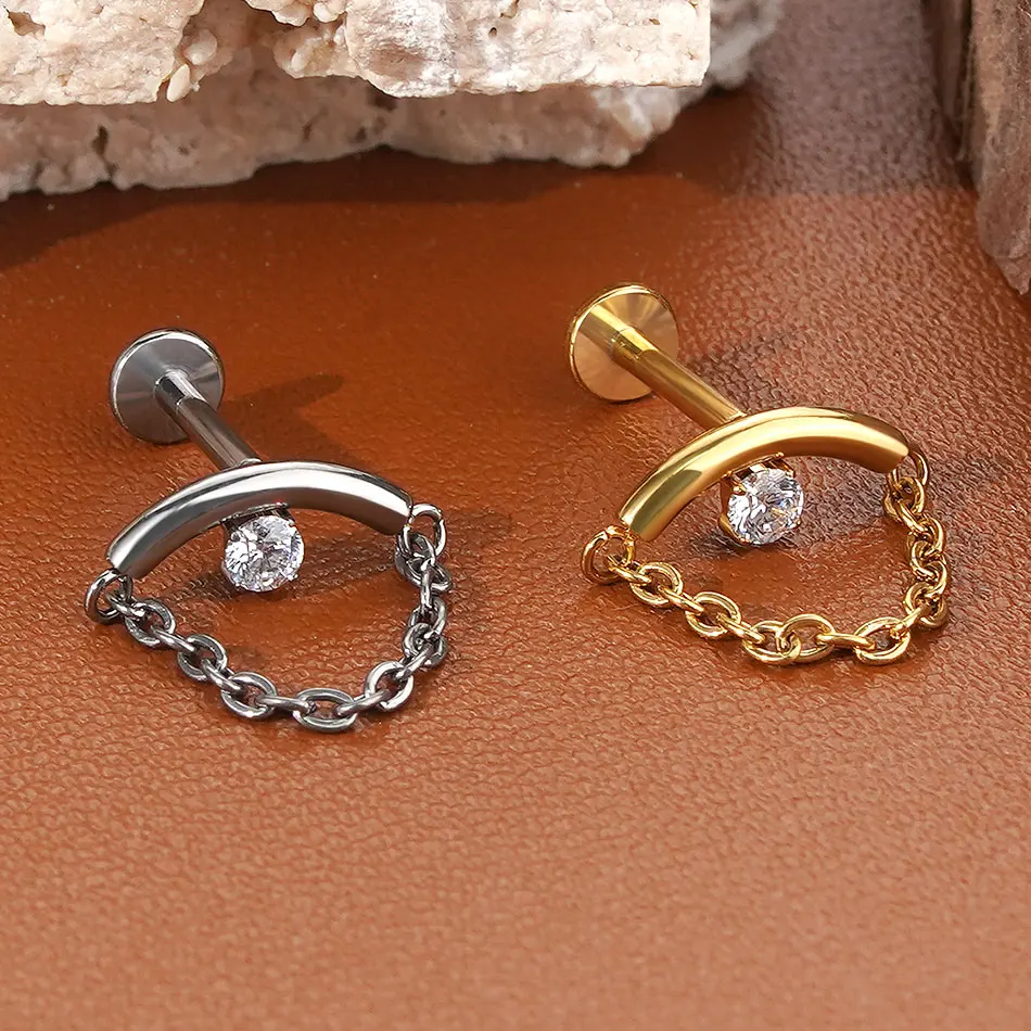 1PC Titanium Gold Color CZ Tragus Piercing Internally Threaded Ear Cartilage Flat Back Earrings Hidden Helix Stud Jewelry 16G