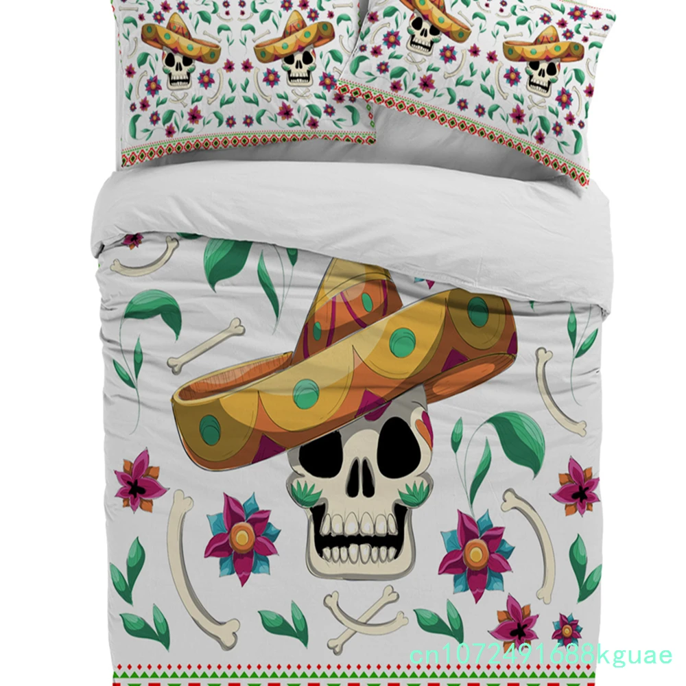 Mexico Skull Straw Hat Flower White Duvet Cover With Pillow Case Custom 3pcs Bedding Set Quilt Cover Double Bed Home Textile