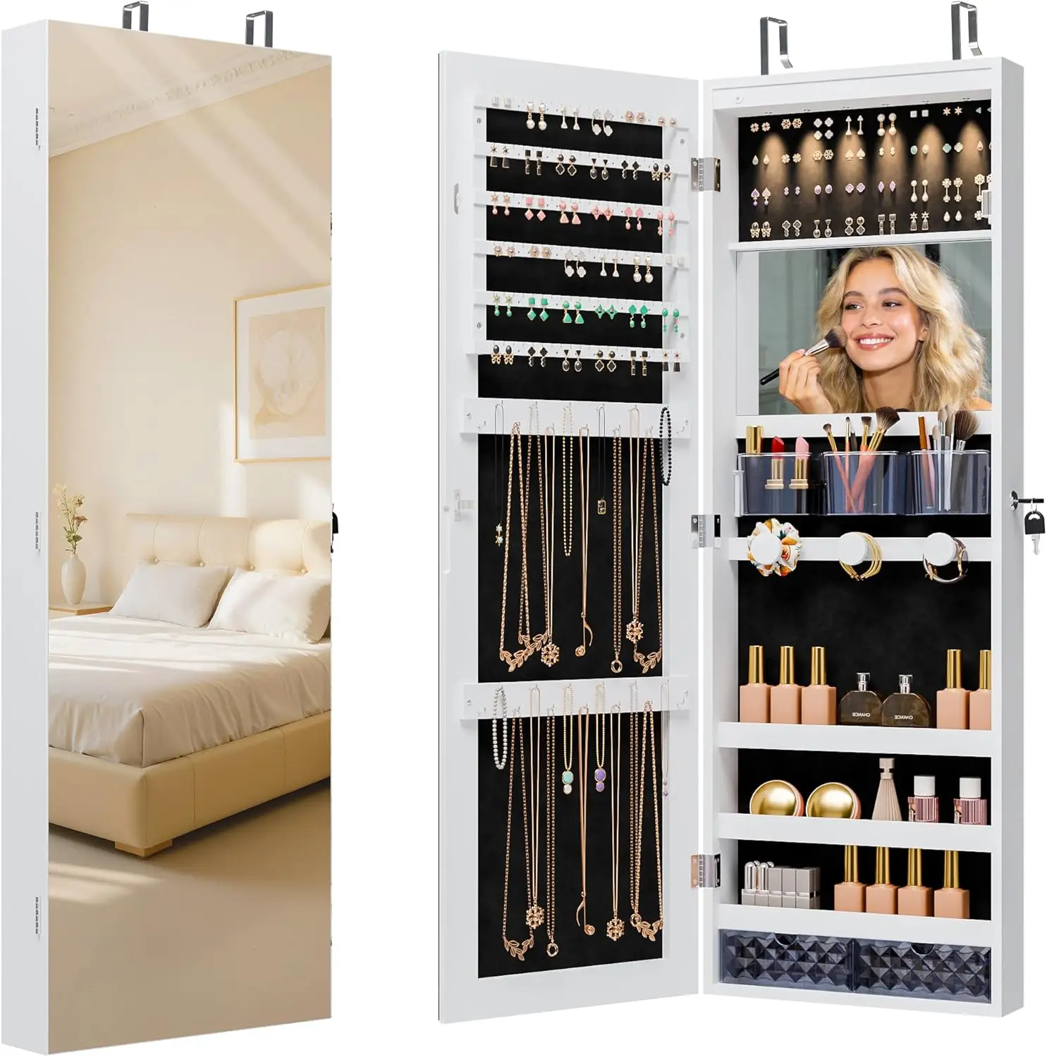 Lockable Wall or Door Mounted Jewelry Armoire Organizer With Built-up Mirror,LED Lights, Drawers,Cosmetic Trays,Shelves,White